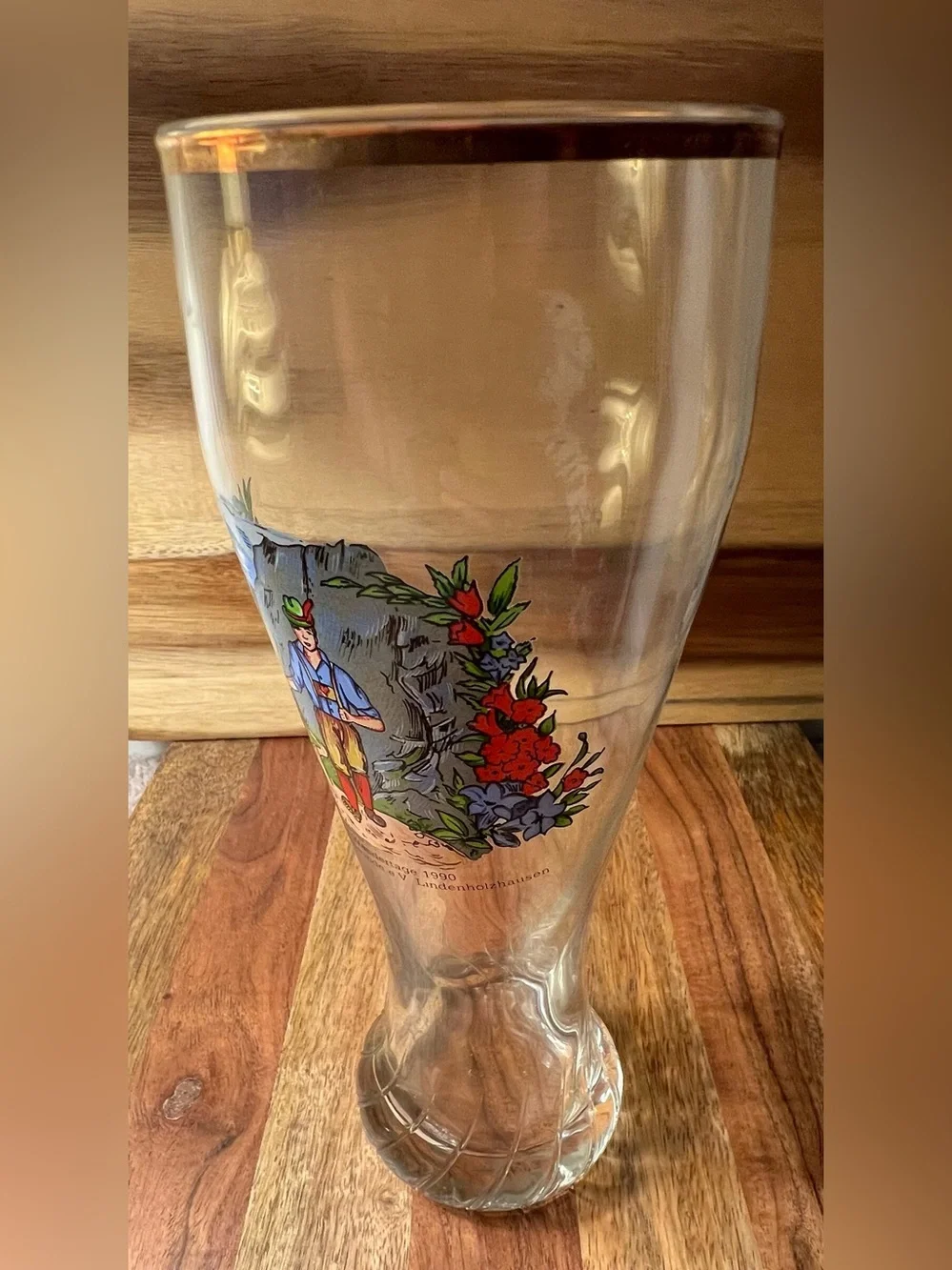 Vintage 1990 German Souvenir Wheat Beer Glass Gold Rim